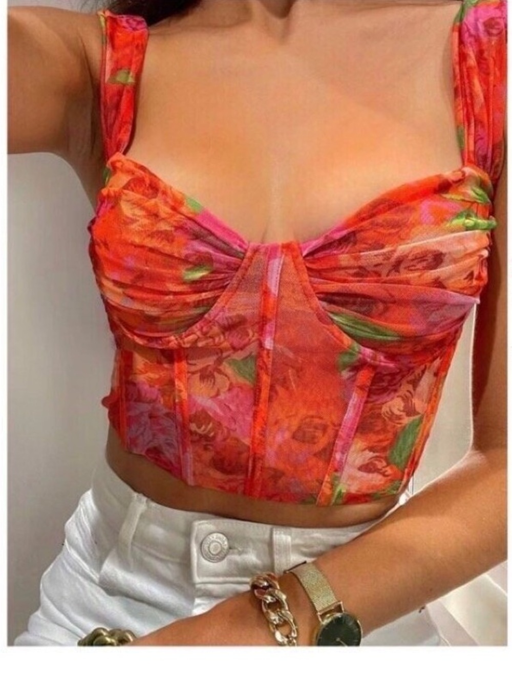 Zara Red Floral Mesh Corset Crop Top with Pink & Green Accents